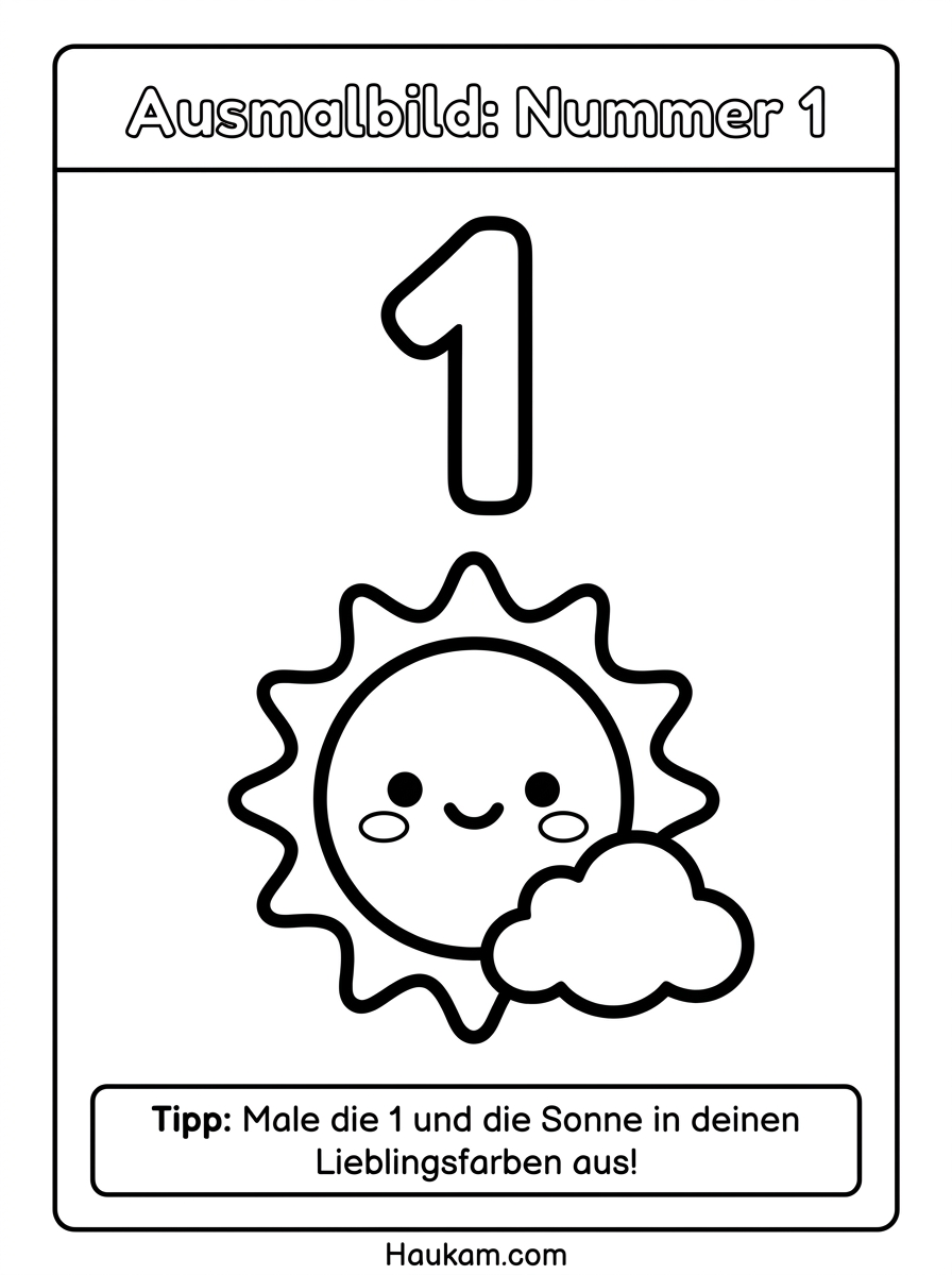 Zahlen Ausmalbilder zum Ausdrucken: 5 Motive für Kids 1 Zahlen Ausmalbilder Nummer 1 mit niedlicher Chibi-Sonne zum Ausdrucken für Kinder