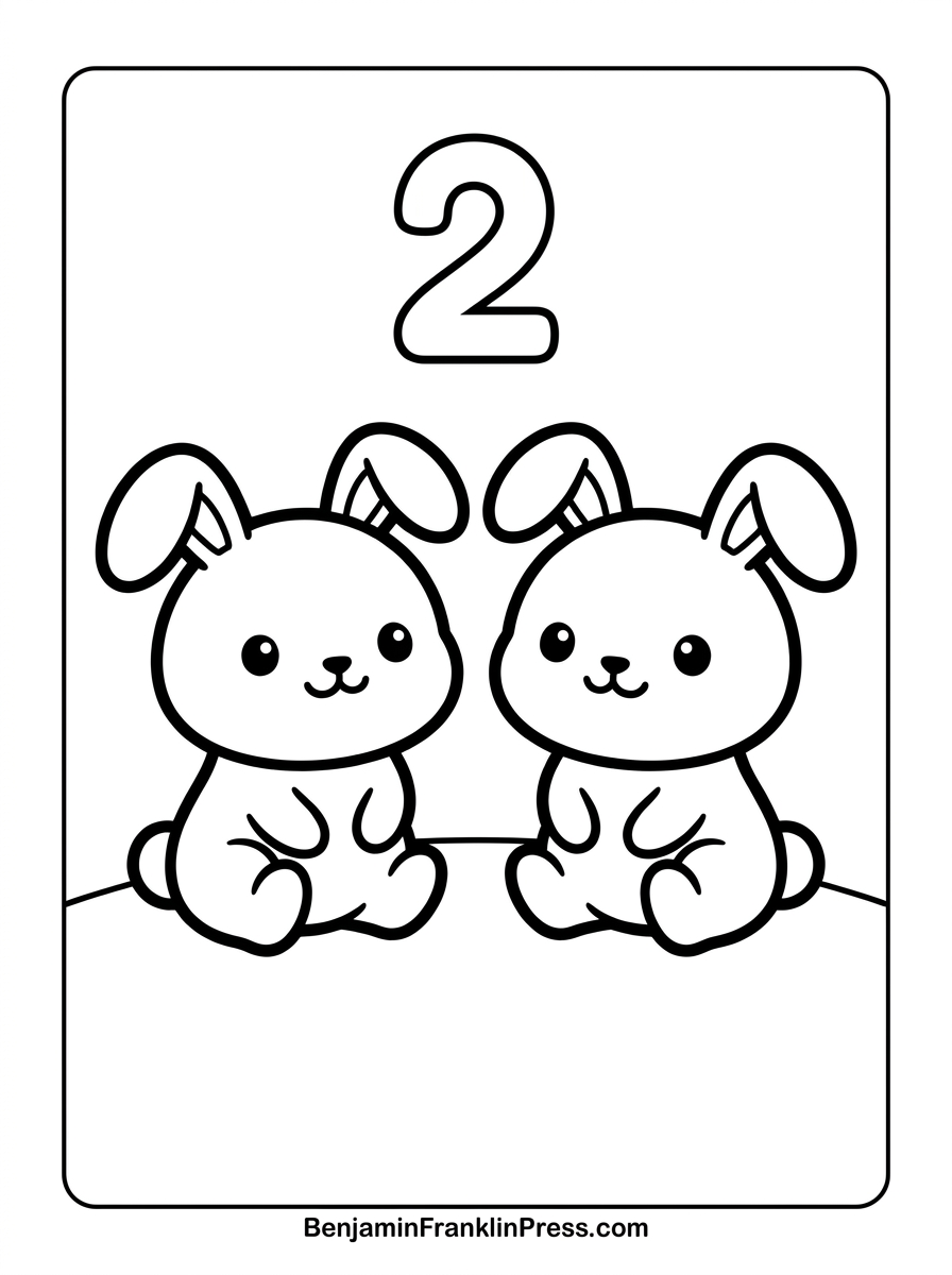 Zahlen Ausmalbilder zum Ausdrucken: 5 Motive für Kids 2 Zahlen Ausmalbilder Nummer 2 mit zwei süßen Chibi-Hasen zum kostenlosen Ausdrucken