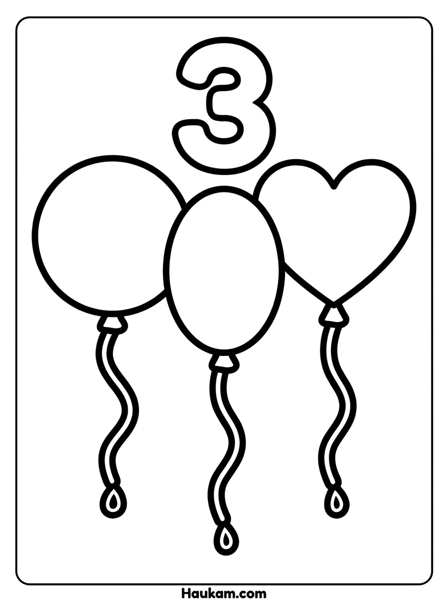 Zahlen Ausmalbilder zum Ausdrucken: 5 Motive für Kids 3 Zahlen Ausmalbilder Nummer 3 mit drei bunten Luftballons als Malvorlage für Kinder