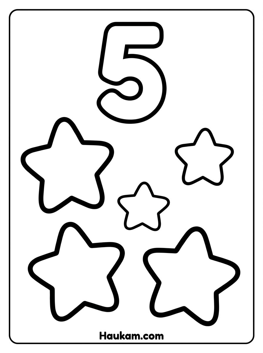 Zahlen Ausmalbilder zum Ausdrucken: 5 Motive für Kids 5 Zahlen Ausmalbilder Nummer 5 mit fünf funkelnden Sternen als Gratis-Malvorlage