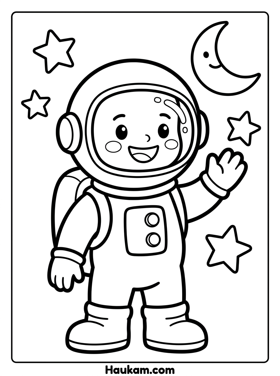 Astronaut Ausmalbilder für Kinder: 5 Motive zum Ausdrucken 1 Astronaut Ausmalbilder: Niedlicher Astronaut im Chibi-Stil winkt mit großem Helm, umgeben von Sternen und Mondsichel