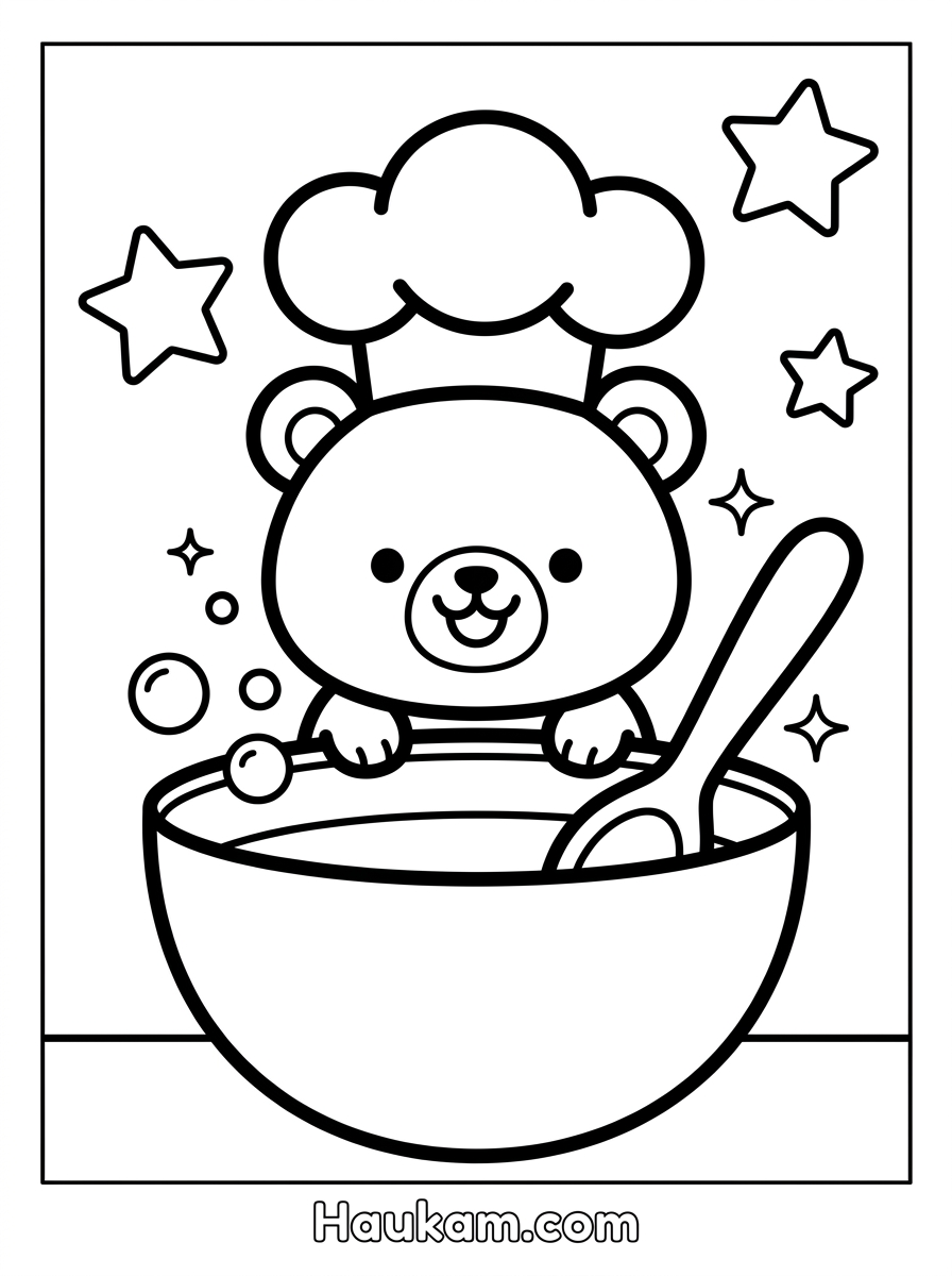 Kuchen backen Ausmalbilder: 5 süße Motive für Kinder 1 Kuchen backen Ausmalbilder: Chibi-Bär mit Kochmütze rührt Teig in großer Schüssel, Schwarz-Weiß-Umriss für Kinder