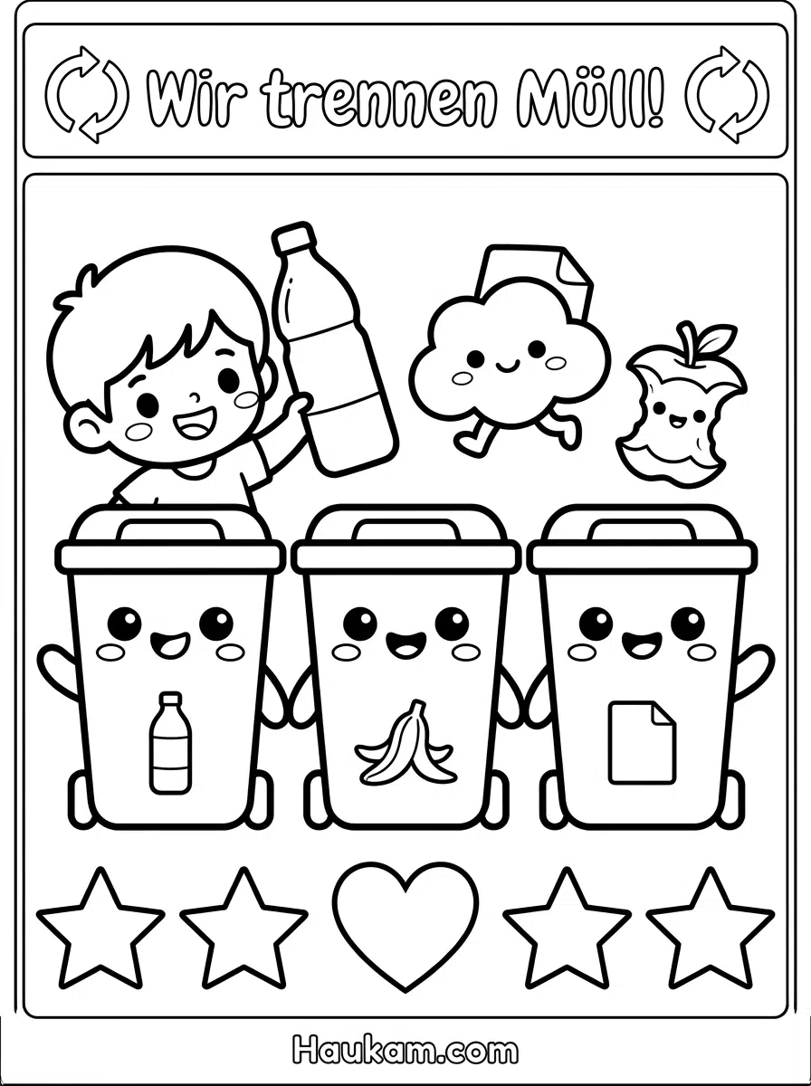 Umwelt Ausmalbilder kostenlos: Fünf Motive zum Ausdrucken 6 Umwelt Ausmalbilder für Kinder: drei lachende Mülltonnen mit Papier, Bio und Flasche, daneben ein Chibi-Kind
