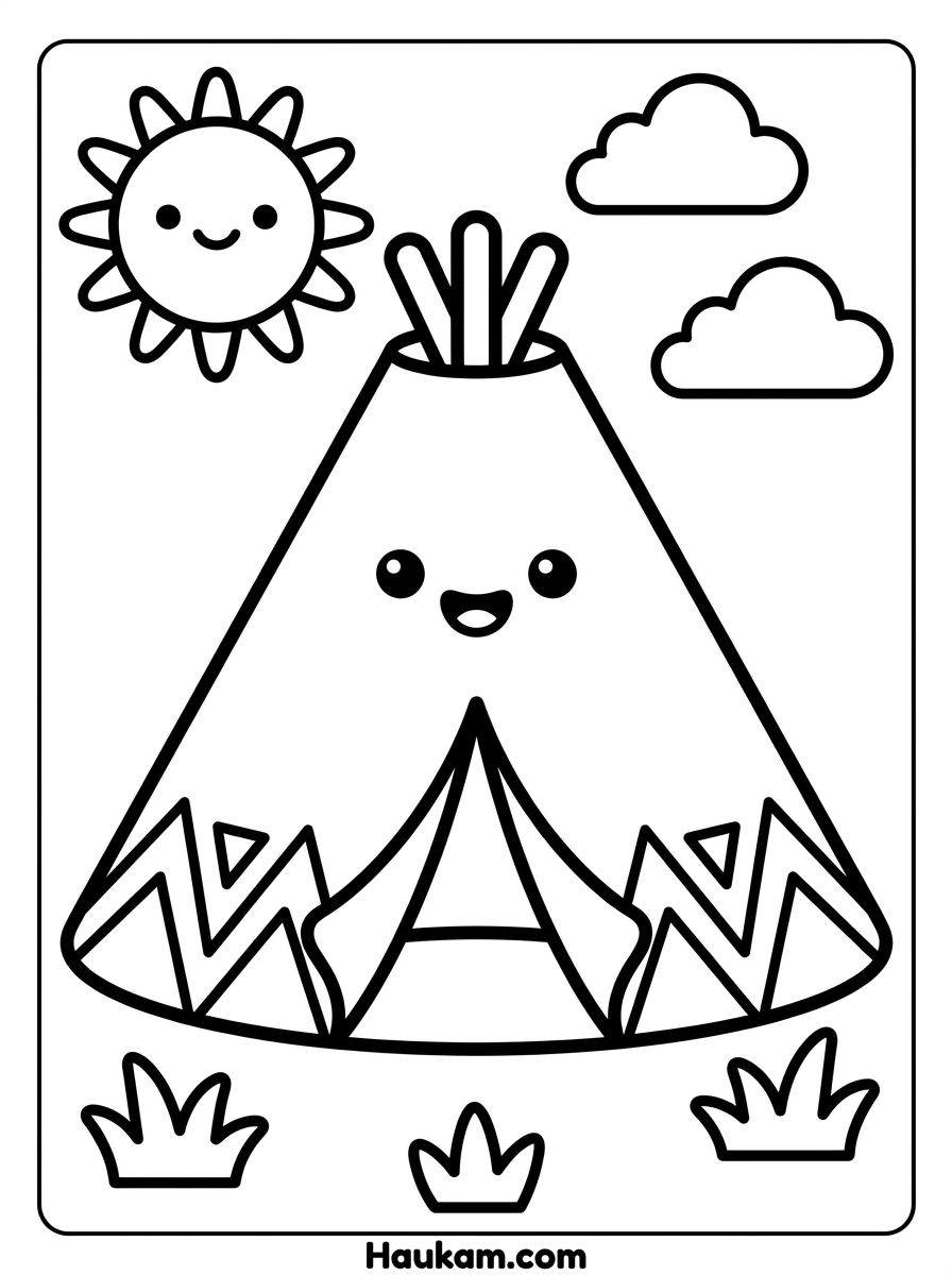Indianer Ausmalbilder kostenlos: 5 Motive für Kinder ab 3 1 Indianer Ausmalbilder: süßes Tipi mit lächelndem Gesicht, Sonne und Wolken, Schwarz-Weiß-Vorlage für Kinder