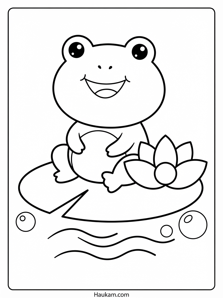 Frösche Ausmalbilder zum Ausdrucken – 5 süße Kindermotive 1 Frösche Ausmalbilder für Kinder: Süßer Chibi-Frosch sitzt lächelnd auf einem Seerosenblatt, daneben eine Seerose, Wellen und zwei Blasen, Schwarz-Weiß-Umriss mit dicken Linien
