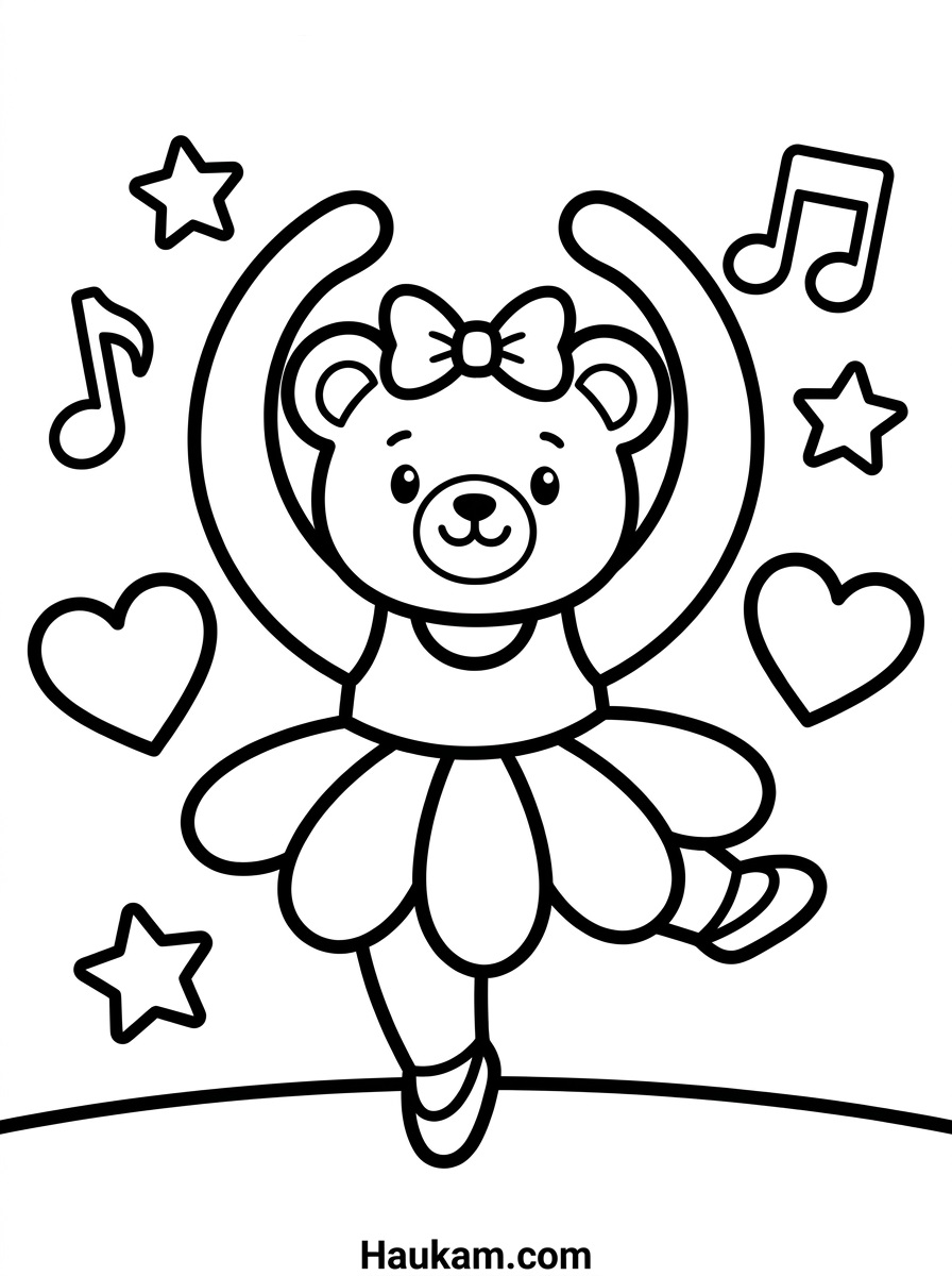 Tanzen Ausmalbilder für Kinder: 5 Motive zum Ausdrucken 6 Tanzen Ausmalbilder: Bärenkind als Ballerina auf Zehenspitzen mit Tutu, Schleife, Herzen und Sternen