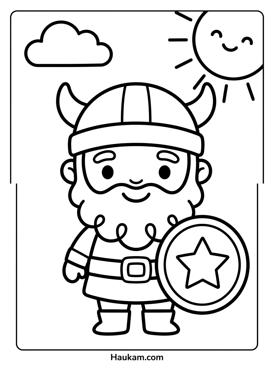Wikinger Ausmalbilder kostenlos: 5 Motive zum Ausdrucken 1 Wikinger Ausmalbilder: kleiner Chibi-Wikinger mit Rundhelm, Lockenbart und Sonnenschild als Schwarz-Weiß-Umrisszeichnung