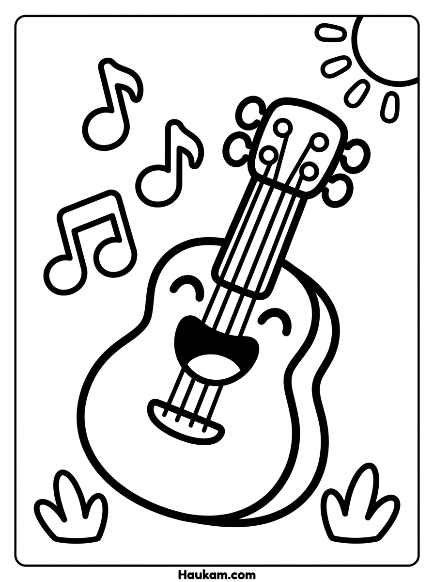 Musikinstrumente Ausmalbilder: Gitarre, Klavier & Co. malen 1 Musikinstrumente Ausmalbilder Gitarre für Kinder: lächelnde Chibi-Gitarre mit Sonne und Noten, schwarze Umrisse auf weißem Hintergrund