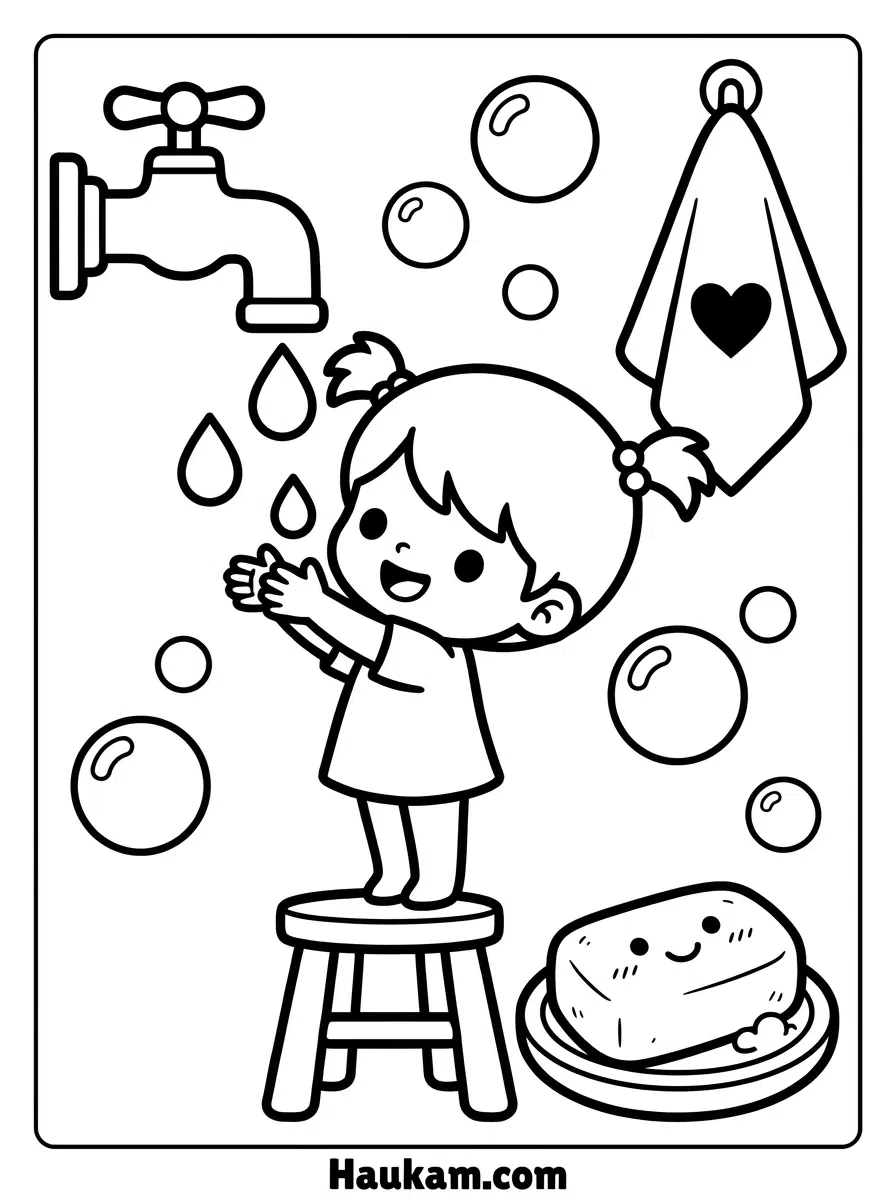 Körperhygiene Ausmalbilder kostenlos: 5 Vorlagen für Kinder 16 Körperhygiene Ausmalbilder: Chibi-Kind auf Hocker wäscht sich am Wasserhahn die Hände, mit Seife und Seifenblasen