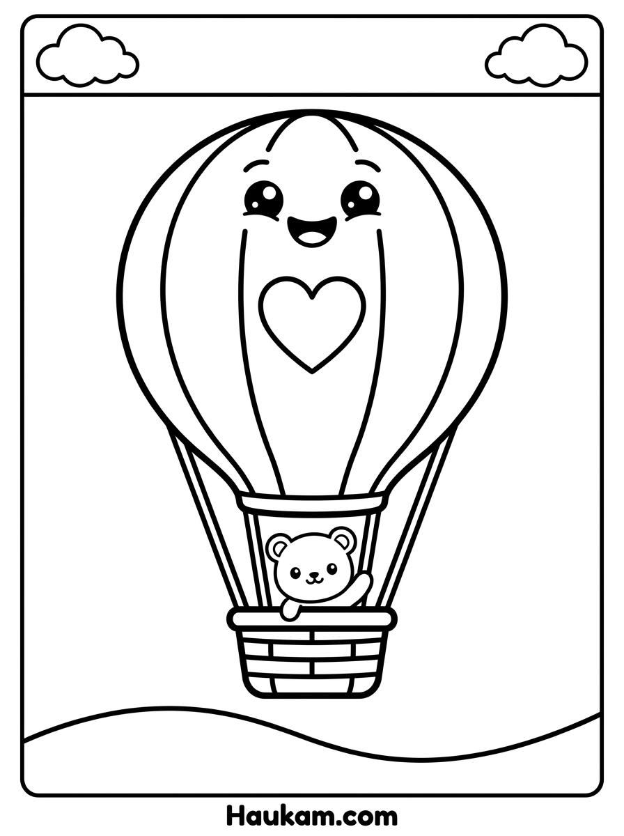 Heißluftballon Ausmalbilder: 5 süße Motive für Kinder 1 Heißluftballon Ausmalbilder Heißluftballon für Kinder: großer Ballon mit fünf Streifen und Herz, im Korb winkt ein kleiner Bär