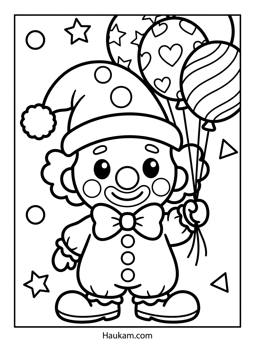Karneval Ausmalbilder kostenlos: 5 Malvorlagen für Kinder 1 Karneval Ausmalbilder: süßer Chibi-Clown mit Bommelhut, Fliege und drei Luftballons zum Ausmalen