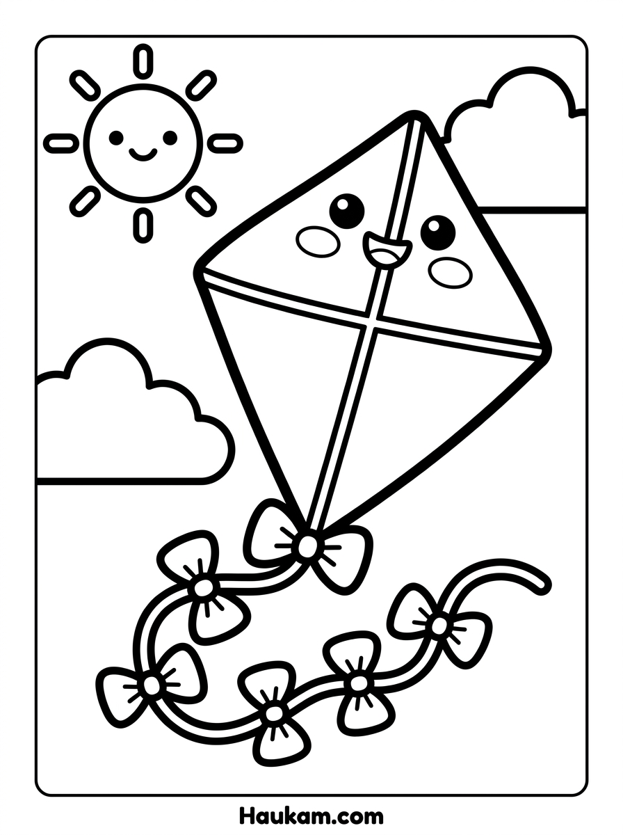 Kite Ausmalbilder für Kinder: 5 Drachen zum Ausdrucken 6 Kite Ausmalbilder: Großer Rautendrache mit lächelndem Gesicht, Schleifenschweif, Sonne und zwei Wolken im Chibi-Stil