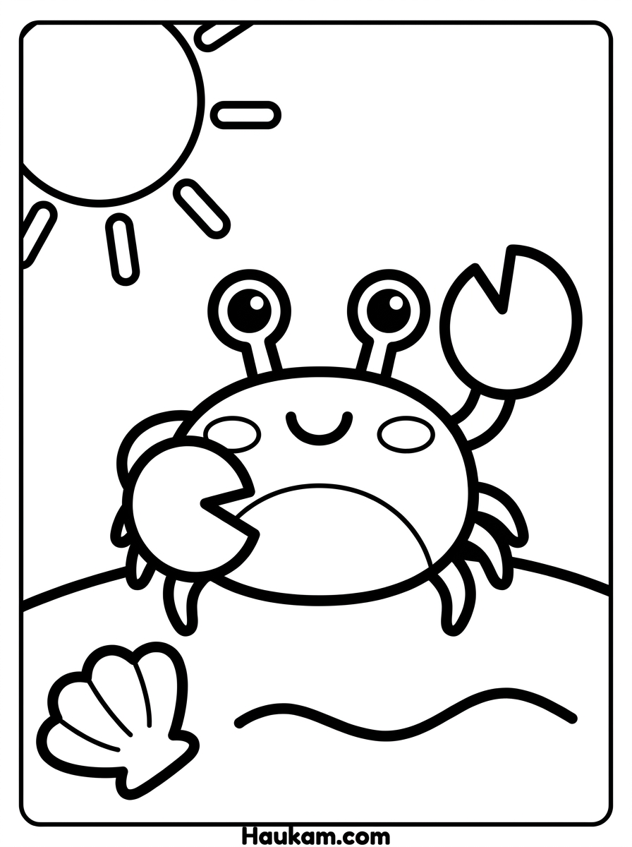 Krabbe Ausmalbilder: 5 süße Motive zum Ausdrucken 1 Krabbe Ausmalbilder: freundliche Chibi-Krabbe winkt mit der Schere, dazu Muschel und Sonne, dicke Umrisse