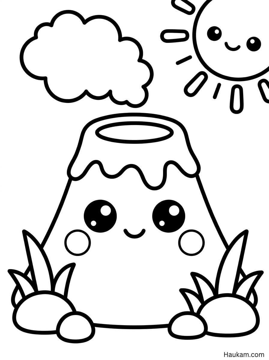 Vulkane Ausmalbilder kostenlos: 5 Malvorlagen für Kinder 1 Vulkane Ausmalbilder: lächelnder Chibi-Vulkan Vulli mit Wolke und Sonne, schwarz-weiße Malvorlage für Kinder
