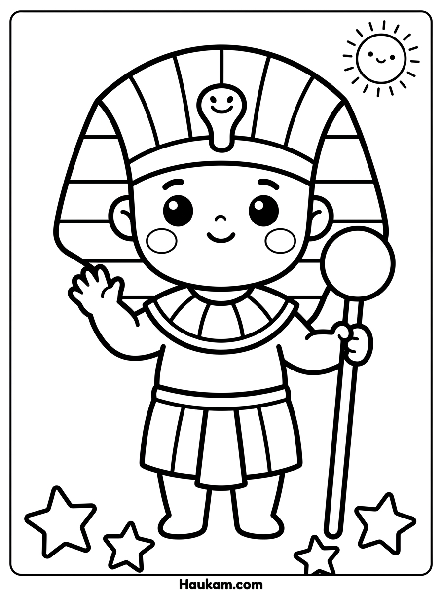 Pharaonen Ausmalbilder kostenlos: Seiten zum Ausdrucken 1 Pharaonen Ausmalbilder: kleiner Pharao im Chibi-Stil mit Kopftuch, Halskragen und goldenem Stab, dicke schwarze Umrisse