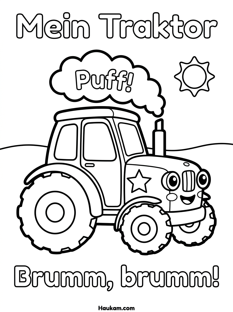 Traktoren Ausmalbilder für Kinder: 5 Motive zum Ausdrucken 1 Traktoren Ausmalbilder eines lächelnden Chibi-Traktors mit großen Rädern, runden Scheinwerfer-Augen und Puff-Wolke, schwarz-weiß