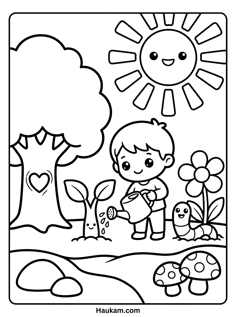 Umwelt Ausmalbilder kostenlos: Fünf Motive zum Ausdrucken 2 Umwelt Ausmalbilder: Chibi-Kind gießt einen kleinen Setzling unter einer lachenden Sonne
