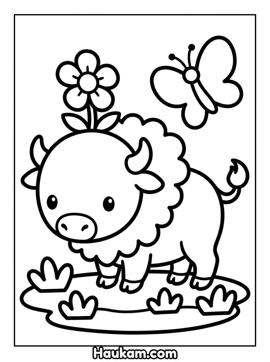 Indianer Ausmalbilder kostenlos: 5 Motive für Kinder ab 3 2 Indianer Ausmalbilder Bisonbaby im Chibi-Stil mit Blume auf dem Kopf und Schmetterling, dicke Umrisslinien für Kinder