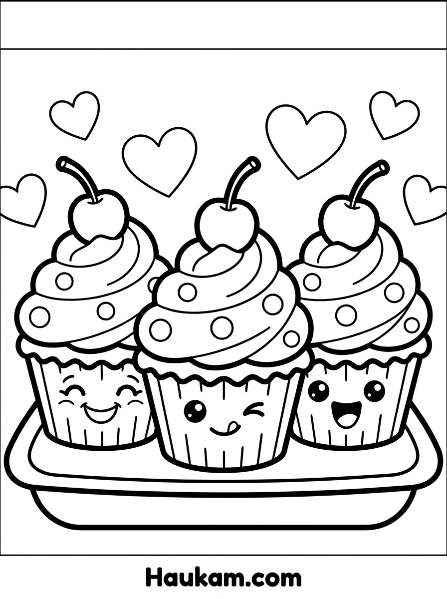 Kuchen backen Ausmalbilder: 5 süße Motive für Kinder 2 Ausmalbild mit drei lächelnden Cupcakes auf einem Backblech, dicke Linien, Kuchen backen Ausmalbilder für Kinder