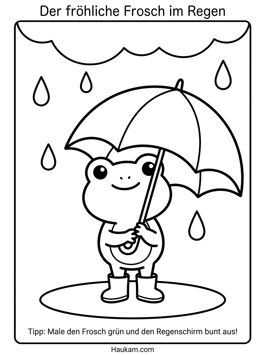 Frösche Ausmalbilder zum Ausdrucken – 5 süße Kindermotive 2 Ausmalbild für Kinder: Fröhlicher Chibi-Frosch in Gummistiefeln hält einen großen Regenschirm, dazu Regentropfen, eine Wolke und eine Pfütze, nur Umrisse in Schwarz-Weiß