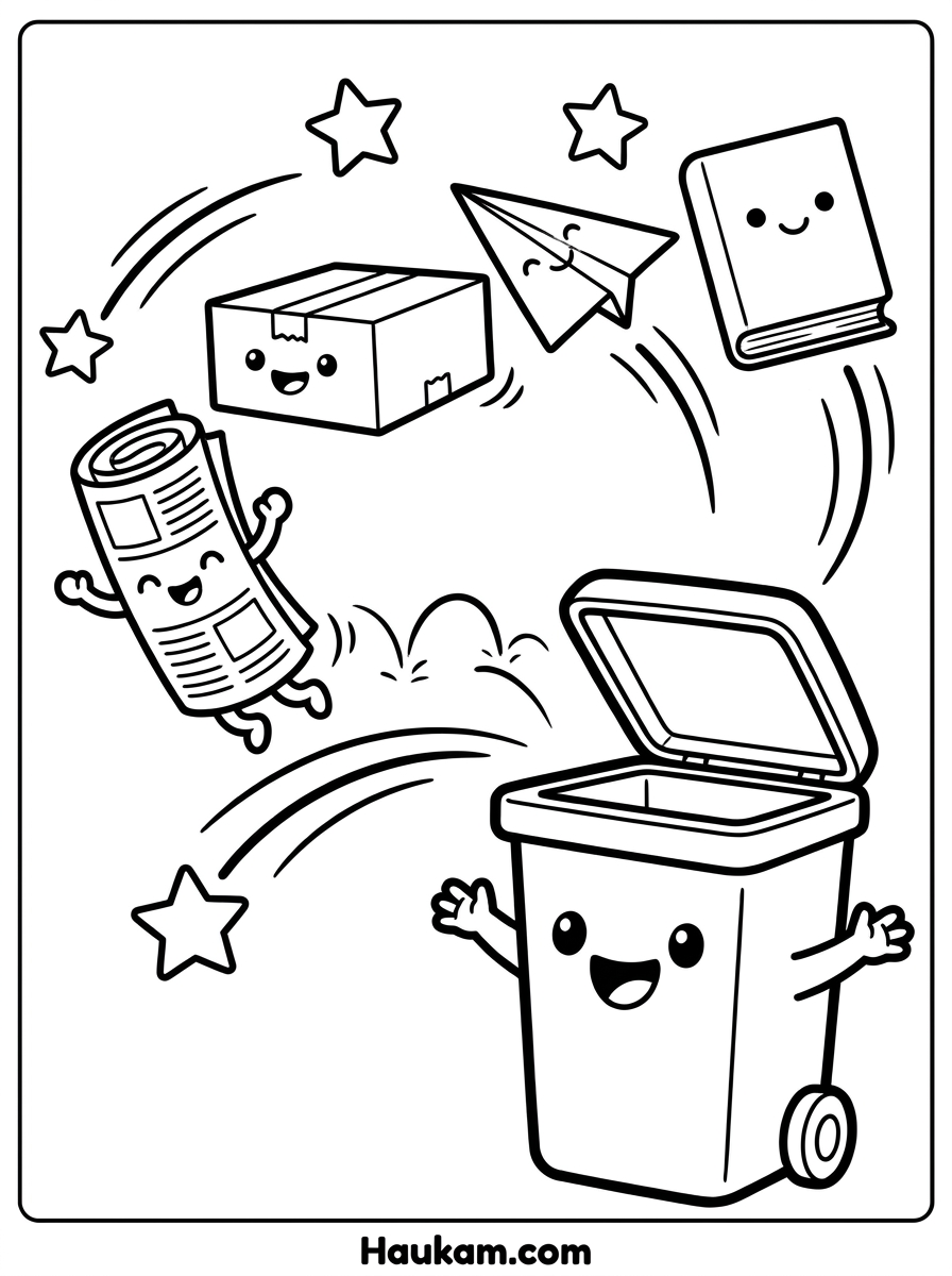 Müll trennen Ausmalbilder kostenlos – 5 Seiten für Kinder 2 Müll trennen Ausmalbilder: Zeitung, Karton und Buch hüpfen fröhlich in die Papiertonne, Umrisszeichnung für Kinder