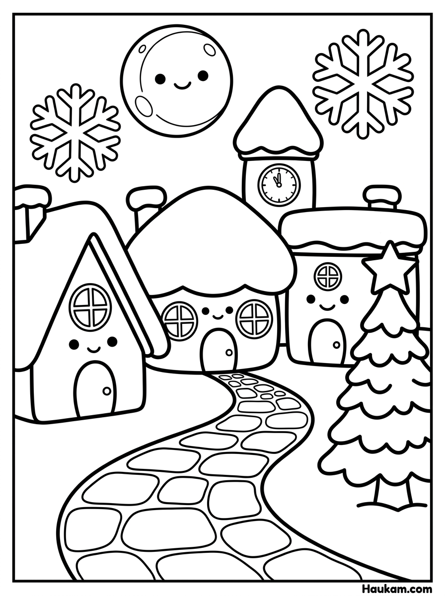 Dorf im Winter Ausmalbilder: 5 kostenlose Vorlagen 2 Dorf im Winter Ausmalbilder mit drei Häusern, Kirchturm, Tanne und Mond zum Ausmalen für Kinder