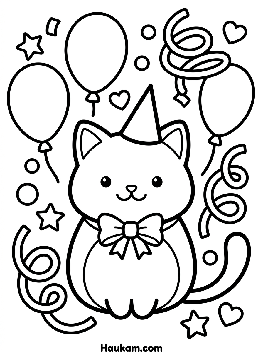 Fasching Ausmalbilder: kostenlose Motive zum Ausdrucken 2 Fasching Ausmalbilder: süße Konfetti-Katze mit Partyhut, Luftballons und Luftschlangen, Umrisszeichnung zum Ausmalen