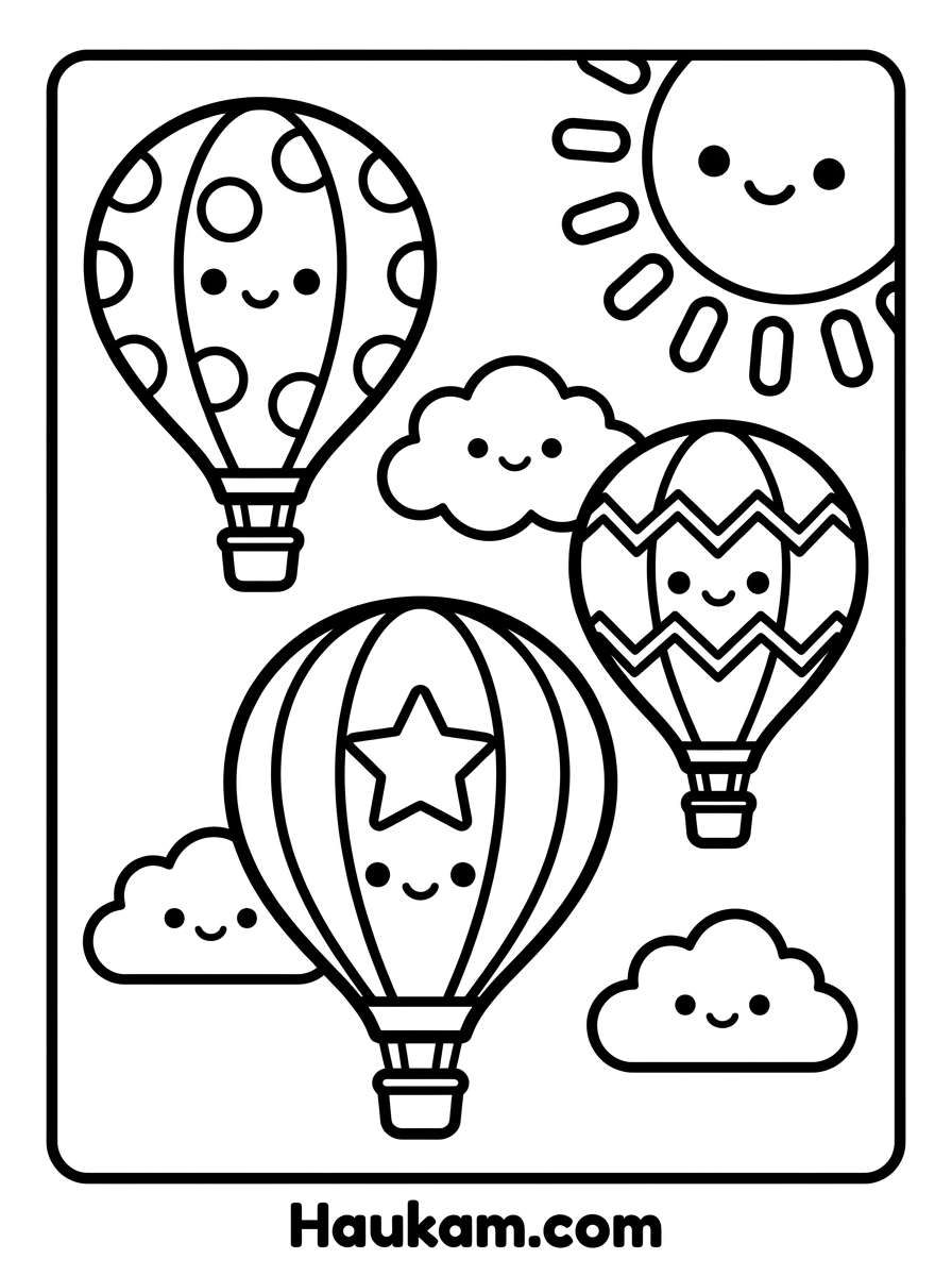 Heißluftballon Ausmalbilder: 5 süße Motive für Kinder 2 Heißluftballon Ausmalbilder Malvorlage mit drei Heißluftballons mit Punkten, Stern und Zickzack, dazu lächelnde Wolken und eine Sonne