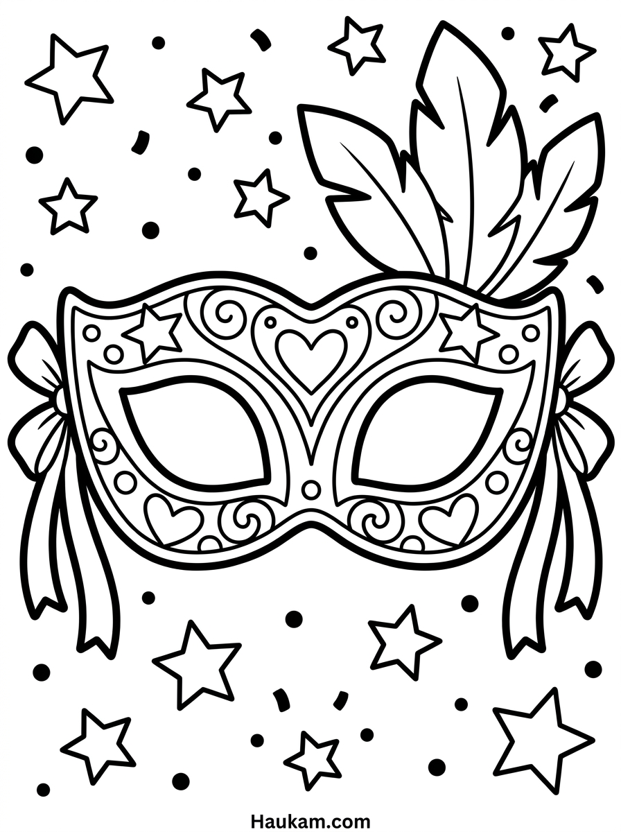 Karneval Ausmalbilder kostenlos: 5 Malvorlagen für Kinder 2 Karneval Ausmalbilder: Große Karnevalsmaske mit Federn, Schleifen, Sternen und Herzen als Schwarz-Weiß-Ausmalbild für Kinder