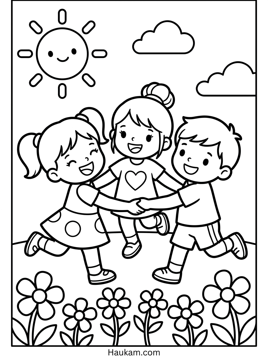 Tanzen Ausmalbilder für Kinder: 5 Motive zum Ausdrucken 7 Tanzen Ausmalbild: drei Kinder halten sich an den Händen und tanzen im Kreis, mit Sonne, Wolken und Blumen