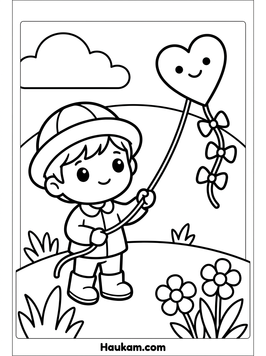 Kite Ausmalbilder für Kinder: 5 Drachen zum Ausdrucken 7 Kite Ausmalbilder: Chibi-Kind mit Mütze hält die Schnur eines herzförmigen Drachens auf einem Hügel mit Blumen