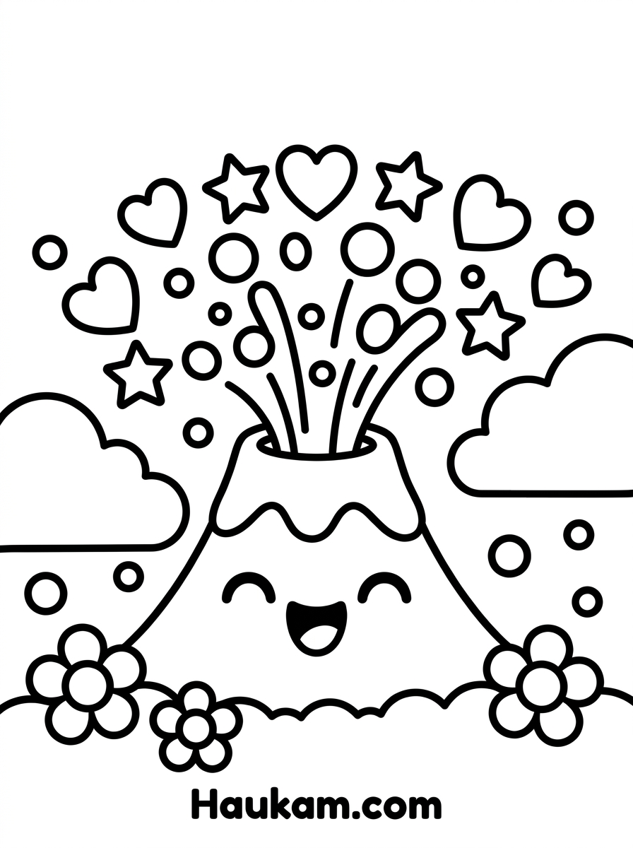 Vulkane Ausmalbilder kostenlos: 5 Malvorlagen für Kinder 2 Vulkane Ausmalbilder: lachender Chibi-Vulkan mit Herzen, Sternen und Lavatropfen, Wolken und Blumen, schwarz-weiß