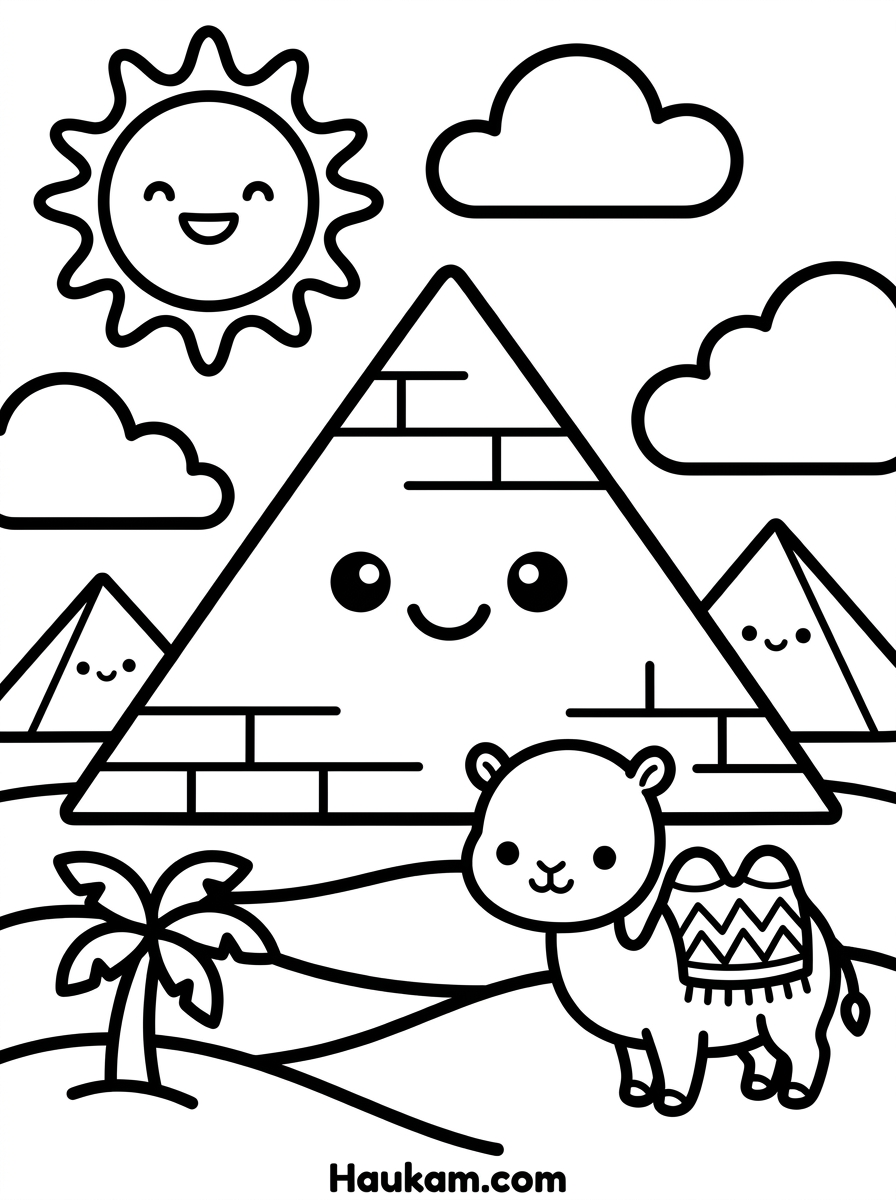 Pharaonen Ausmalbilder kostenlos: Seiten zum Ausdrucken 2 Pharaonen Ausmalbilder mit drei lächelnden Pyramiden, Sonne, Kamel und Palme im Chibi-Stil, dicke schwarze Linien