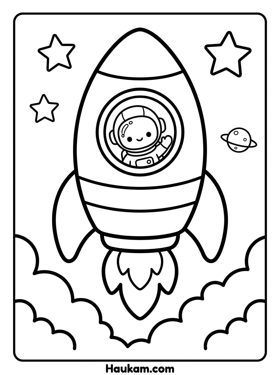 Astronaut Ausmalbilder für Kinder: 5 Motive zum Ausdrucken 2 Astronaut Ausmalbilder: Pummelige Rakete mit Bullauge und winkendem Astronauten hebt ab, mit Flammen, Wolken und Sternen