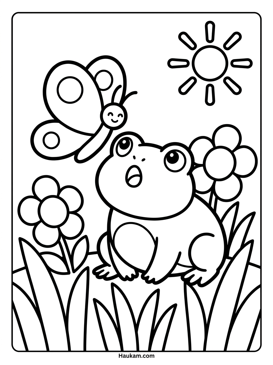 Frösche Ausmalbilder zum Ausdrucken – 5 süße Kindermotive 3 Frösche Ausmalbilder: Neugieriger Chibi-Frosch im Gras schaut staunend einen freundlichen Schmetterling an, mit Blumen und Sonne, Schwarz-Weiß-Linienzeichnung für Kleinkinder