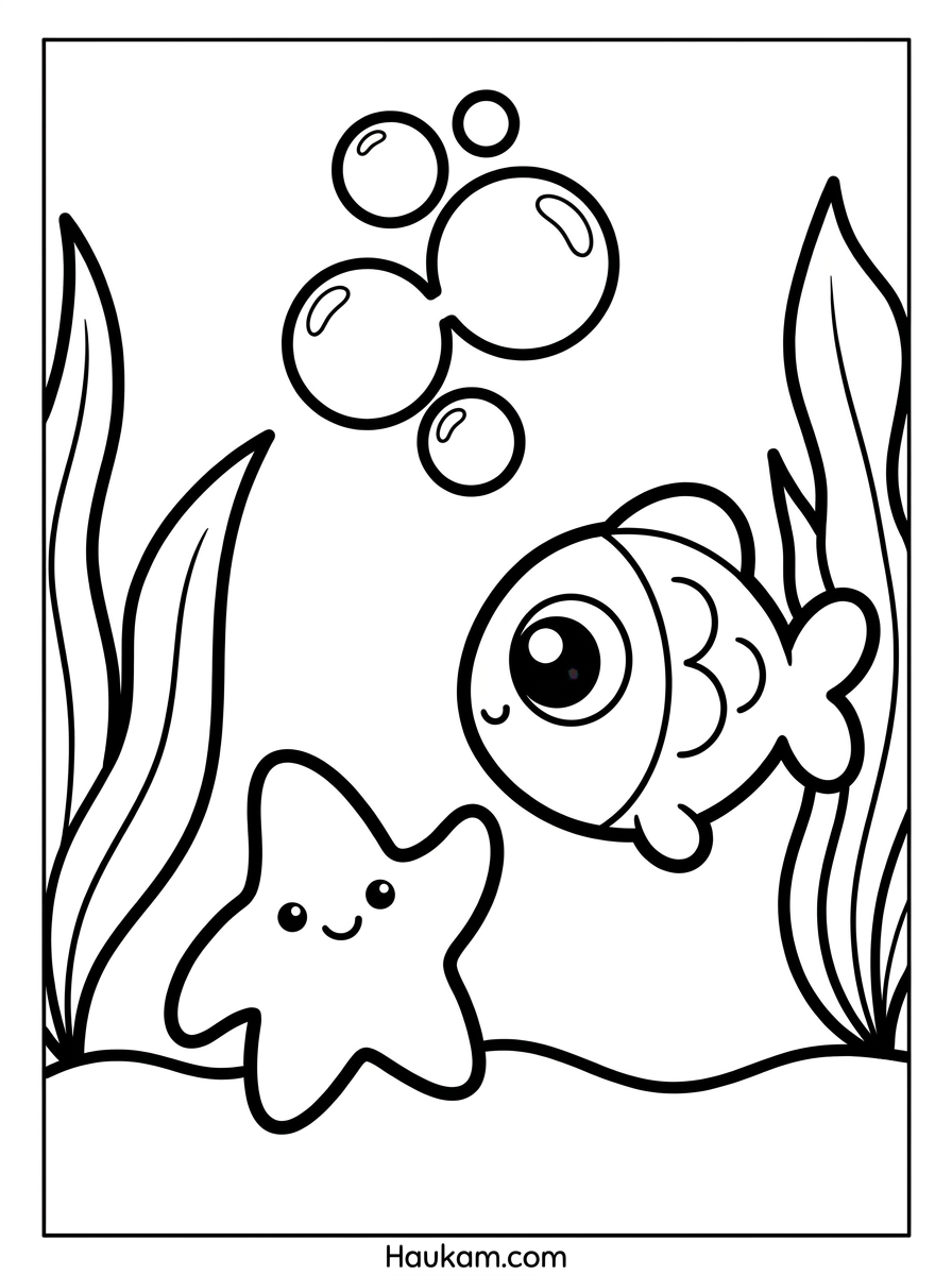 Seestern Ausmalbilder: Süße Vorlagen für Kita & Grundschule 8 Ausmalbild Unterwasserwelt mit Seestern, rundem Fisch und Seetang, dicke Linien für Kinder