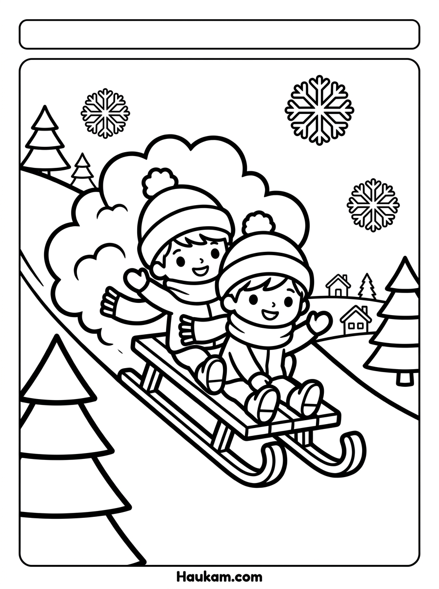 Dorf im Winter Ausmalbilder: 5 kostenlose Vorlagen 3 Dorf im Winter Ausmalbilder Ausmalbild Schlittenfahrt: zwei Kinder auf einem Holzschlitten am verschneiten Hügel zwischen Tannen