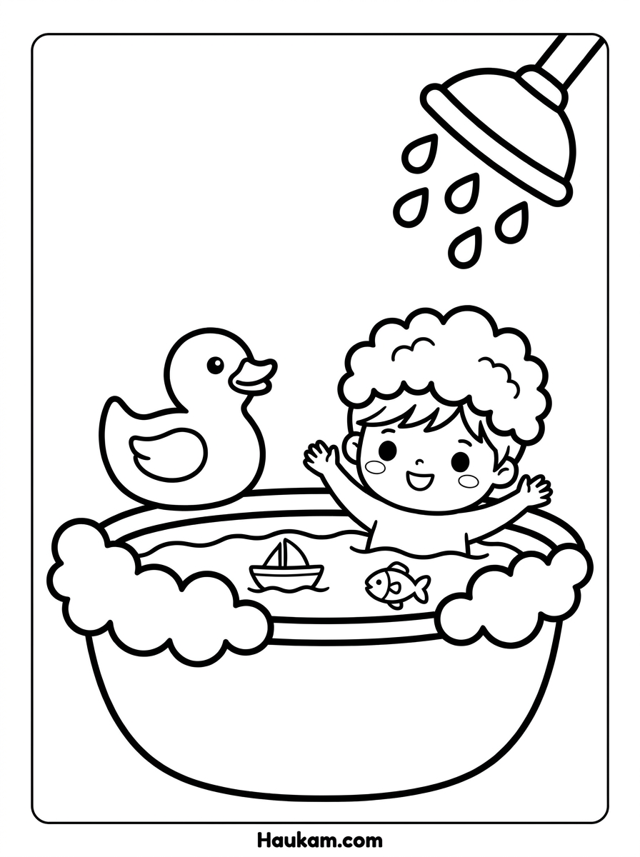 Körperhygiene Ausmalbilder kostenlos: 5 Vorlagen für Kinder 3 Körperhygiene Ausmalbilder: Chibi-Kind in der Badewanne mit Schaumkrone, Gummiente und Duschkopf mit Wassertropfen