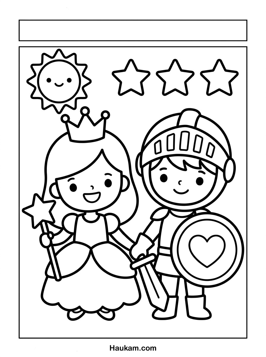 Fasching Ausmalbilder: kostenlose Motive zum Ausdrucken 3 Fasching Ausmalbilder: Prinzessin mit Krone und kleiner Ritter mit Schild halten Hand in Hand, Umrisszeichnung für Kinder