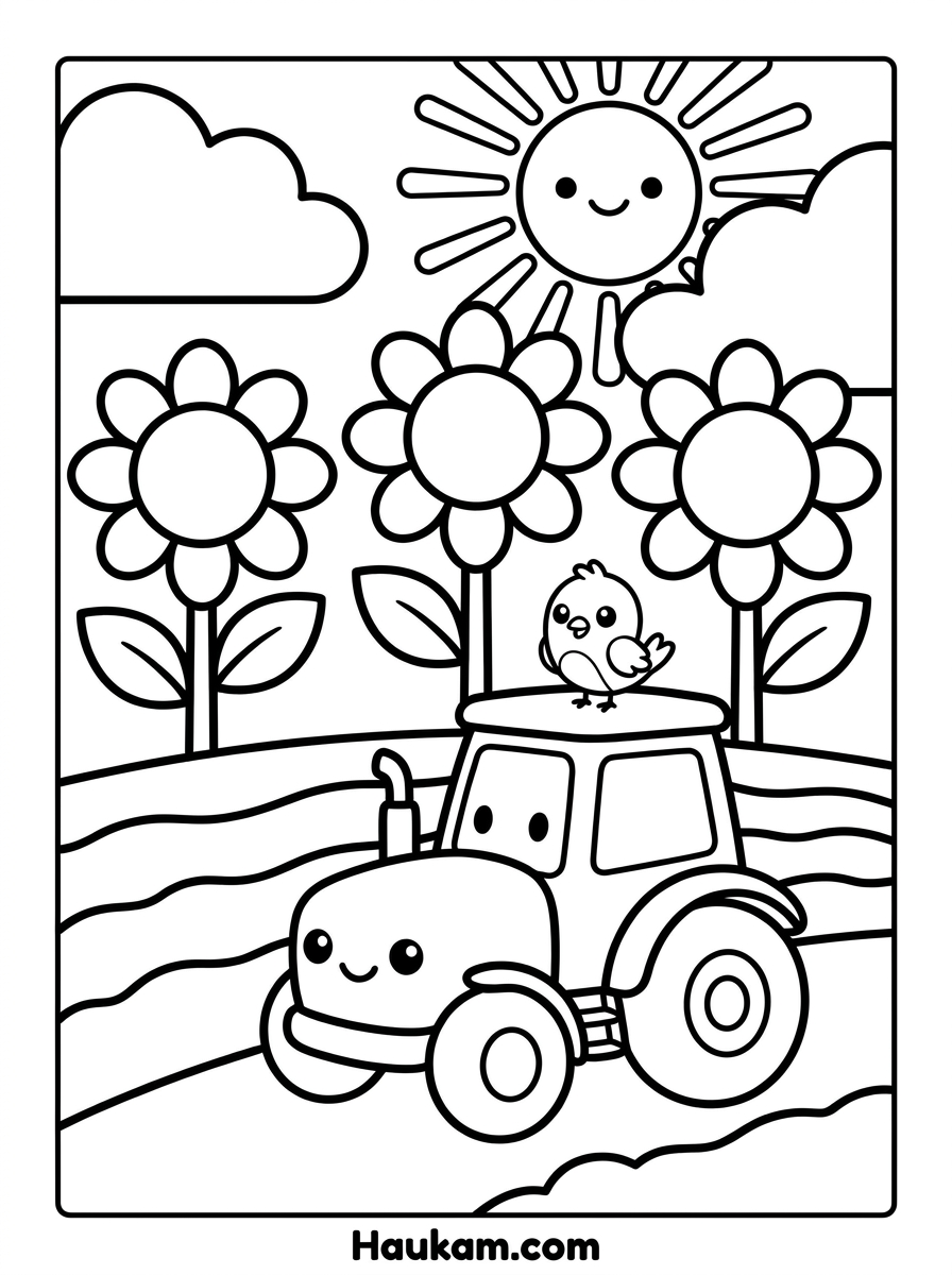 Traktoren Ausmalbilder für Kinder: 5 Motive zum Ausdrucken 3 Traktoren Ausmalbilder auf dem Feld mit drei großen Sonnenblumen, lachender Sonne und kleinem Vogel auf dem Dach
