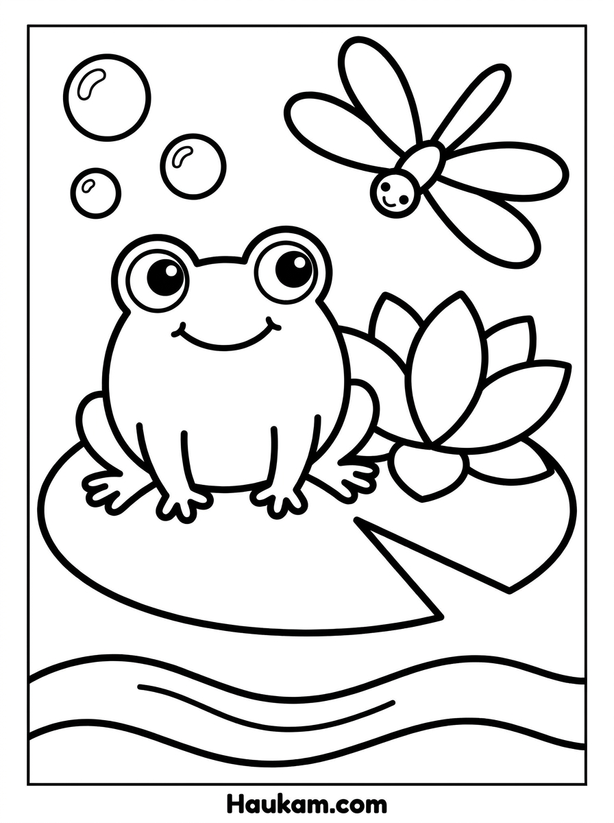 Regenwaldtiere Ausmalbilder kostenlos: süße Malvorlagen 3 Regenwaldtiere Ausmalbilder: Pummeliger Chibi-Frosch sitzt auf einem Seerosenblatt, mit Libelle und Seifenblasen, Schwarz-Weiß