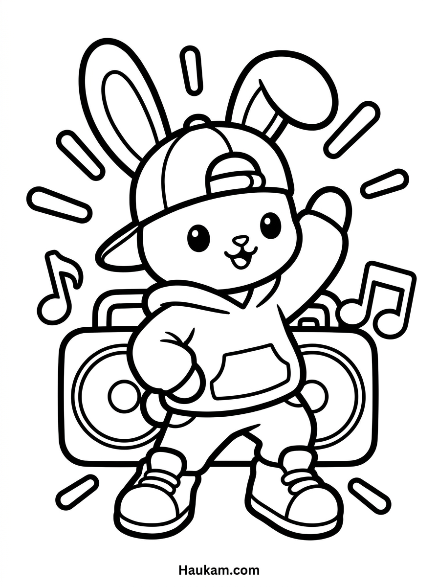 Tanzen Ausmalbilder für Kinder: 5 Motive zum Ausdrucken 8 Ausmalbild Hip-Hop-Hase mit Kappe, Kapuzenpulli und Turnschuhen tanzt neben einem Kofferradio, Malvorlage für Kinder