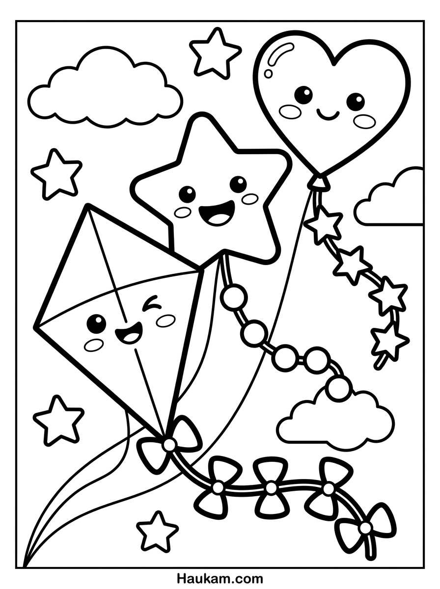 Kite Ausmalbilder für Kinder: 5 Drachen zum Ausdrucken 8 Kite Ausmalbilder: Drei Drachen als Raute, Stern und Herz mit verschiedenen Gesichtern, Sternen und Wolken