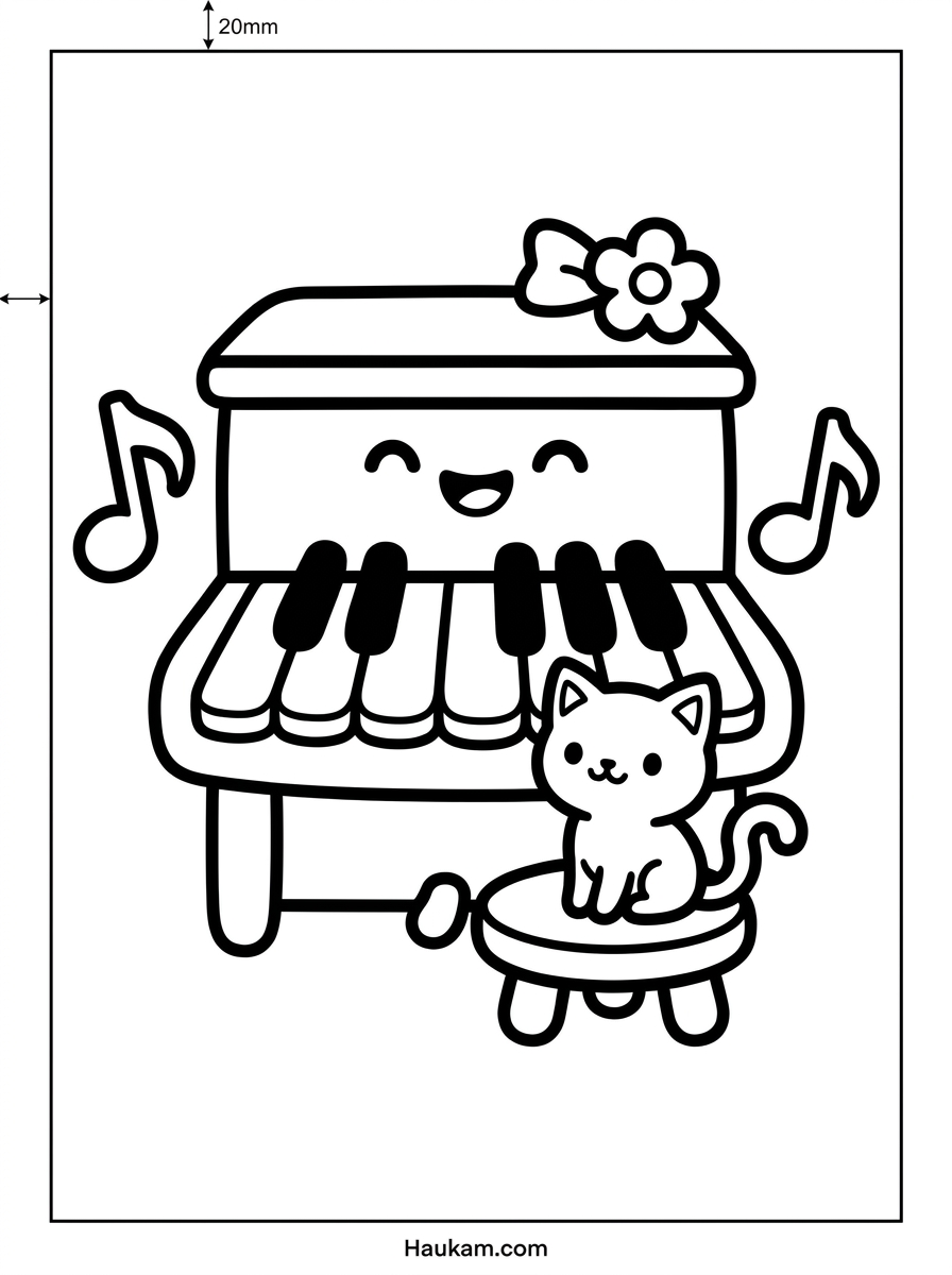 Musikinstrumente Ausmalbilder: Gitarre, Klavier & Co. malen 3 Musikinstrumente Ausmalbilder Klavier für Kinder: lächelndes Chibi-Klavier mit großen Tasten und kleiner Katze auf dem Hocker