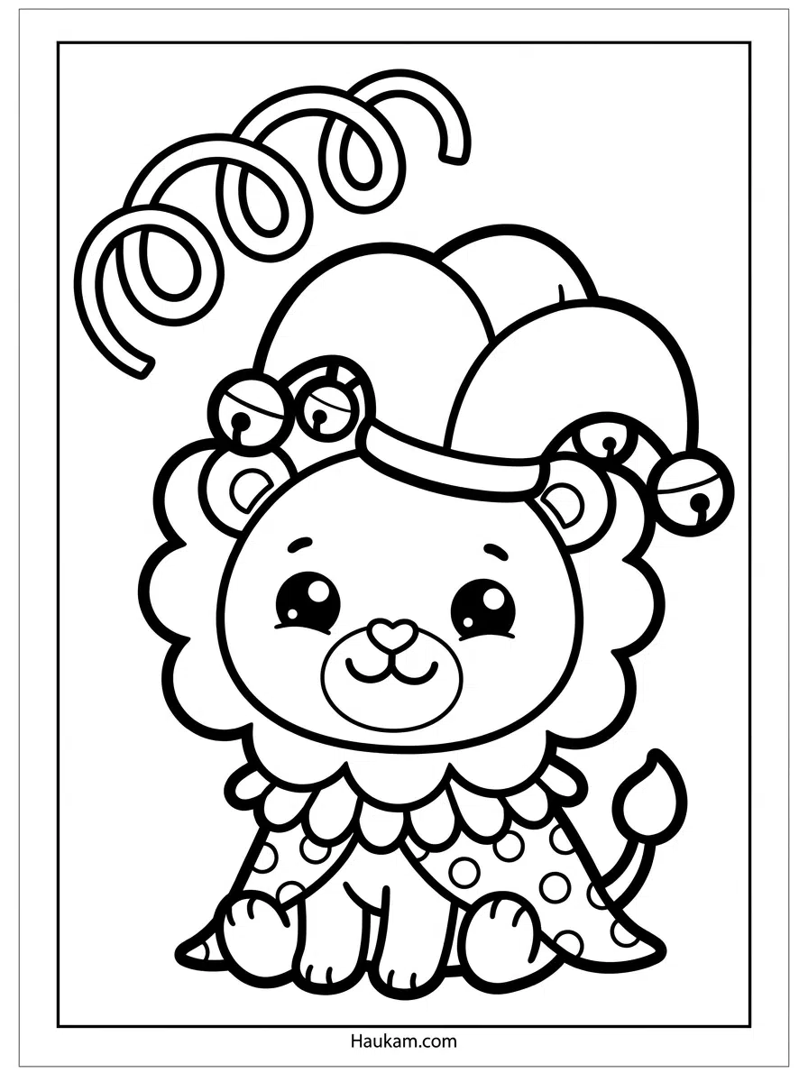 Karneval Ausmalbilder kostenlos: 5 Malvorlagen für Kinder 3 Karneval Ausmalbilder: Kleiner Chibi-Löwe mit Narrenkappe, Glöckchen und Luftschlange, Karneval Ausmalbild mit dicken Linien