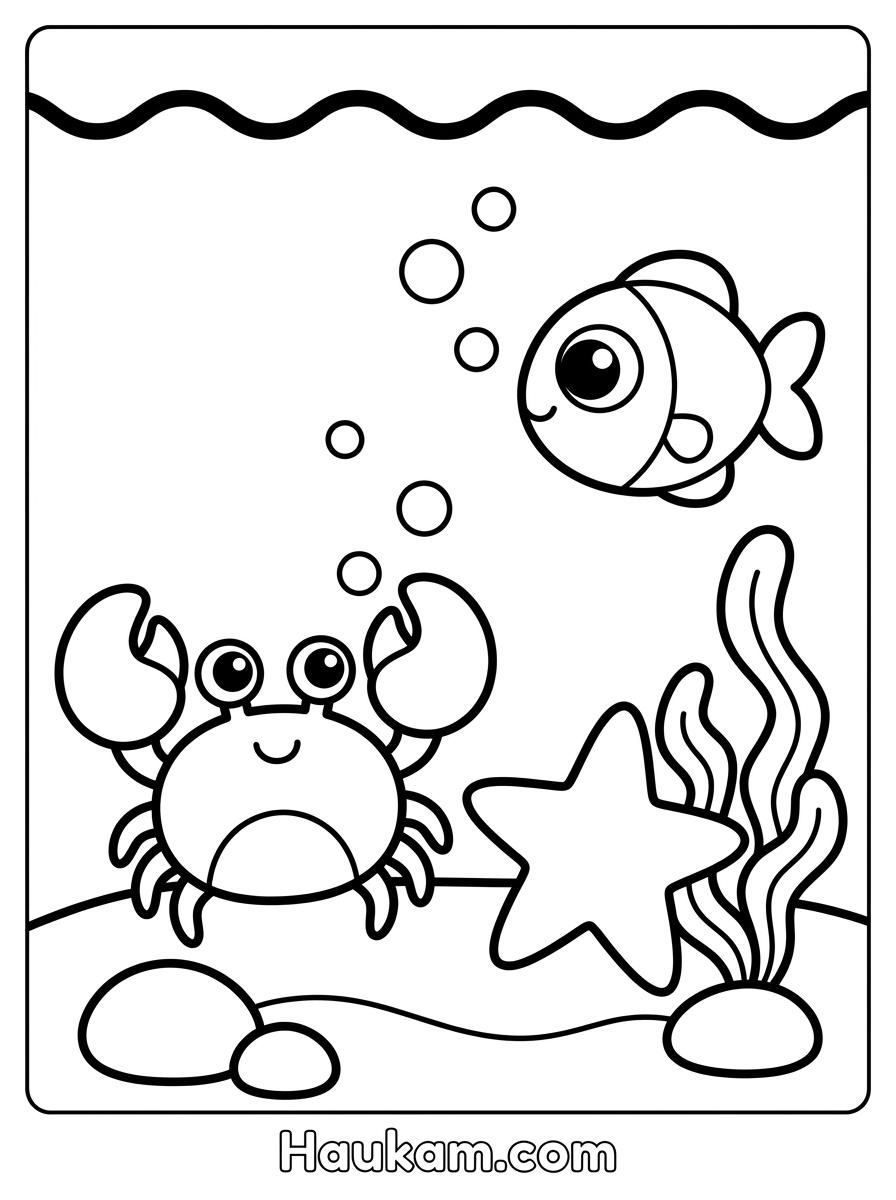 Krabbe Ausmalbilder: 5 süße Motive zum Ausdrucken 3 Krabbe Ausmalbilder unter Wasser mit Fisch, Seestern, Alge und großen Blasen, dicke Linien für kleine Hände