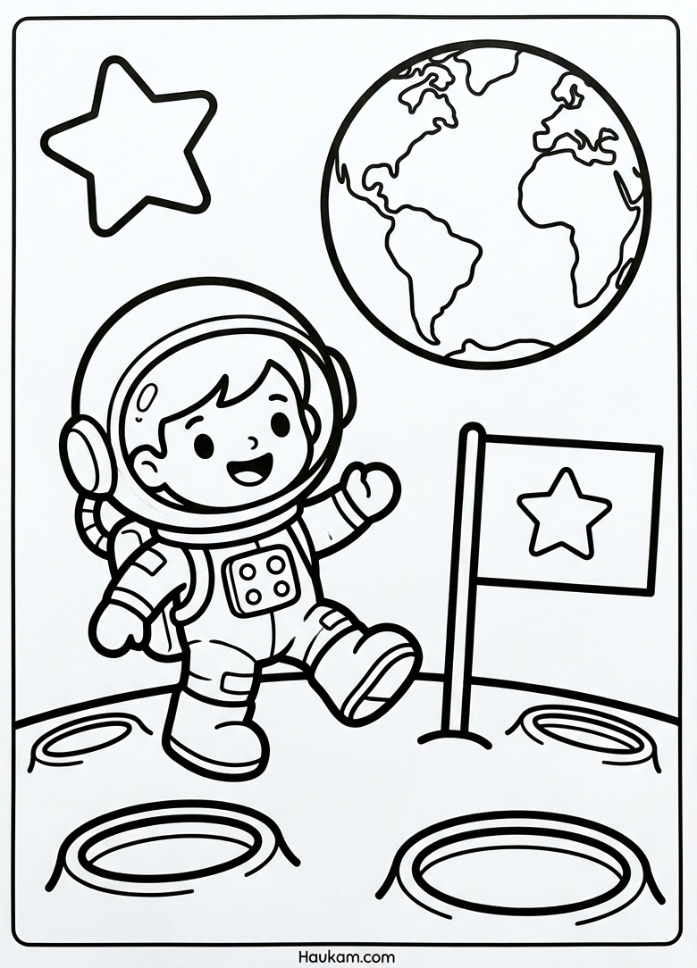 Astronaut Ausmalbilder für Kinder: 5 Motive zum Ausdrucken 3 Astronaut Ausmalbilder: Astronaut spaziert über den Mond, mit Fahne, runden Kratern und der Erde am Himmel