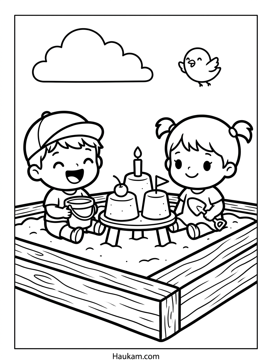 Sandkasten Ausmalbilder für Kinder: 5 Motive zum Ausdrucken 3 Sandkasten Ausmalbilder: Zwei Chibi-Kinder backen Sandkuchen im Sandkasten, Schwarz-Weiß-Vorlage mit dicken Linien