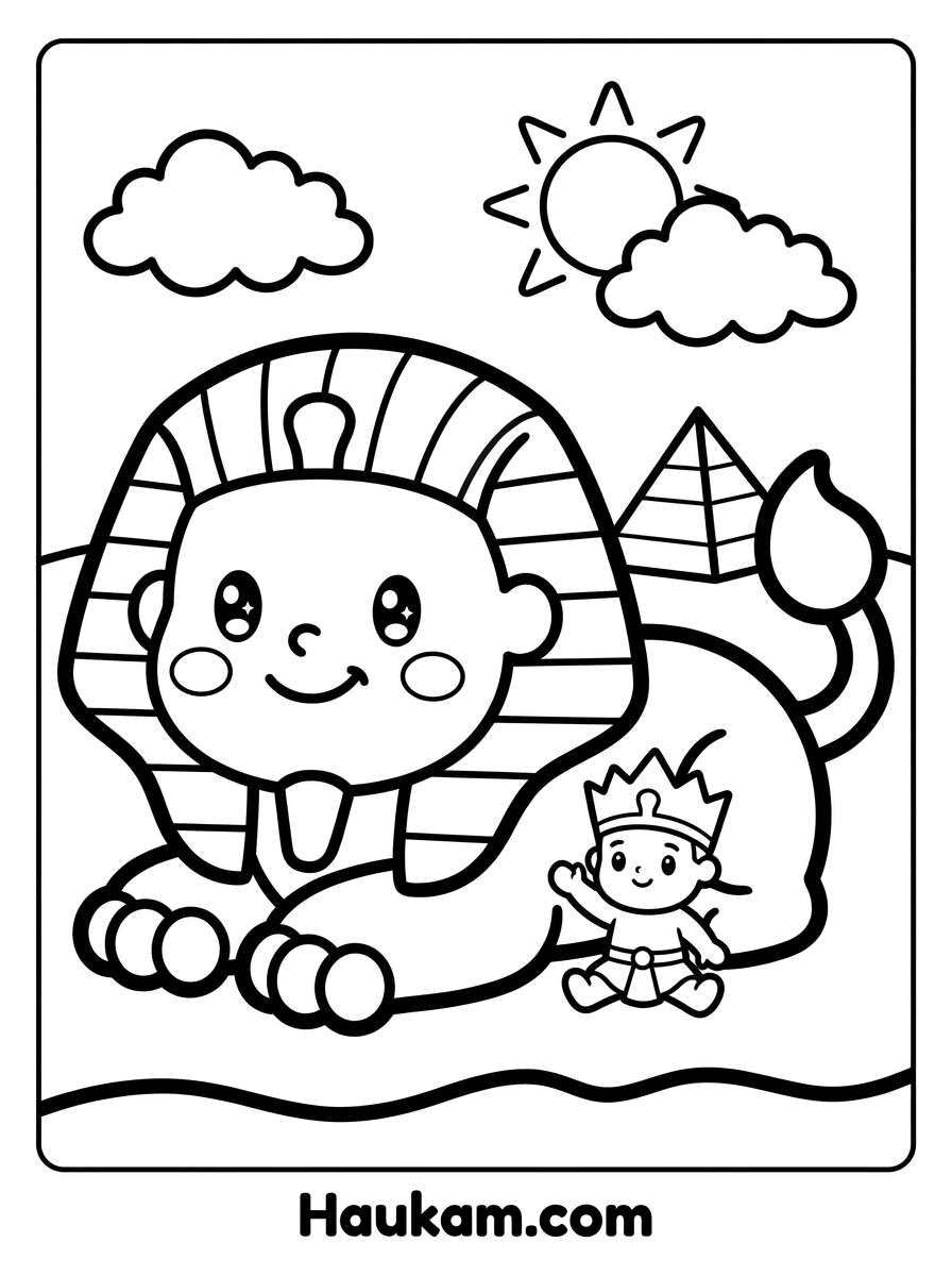 Pharaonen Ausmalbilder kostenlos: Seiten zum Ausdrucken 3 Pharaonen Ausmalbilder: freundliche Sphinx mit Pharaonenkopf und kleinem Pharaonenkind vor einer Pyramide, Chibi-Stil, schwarz-weiß