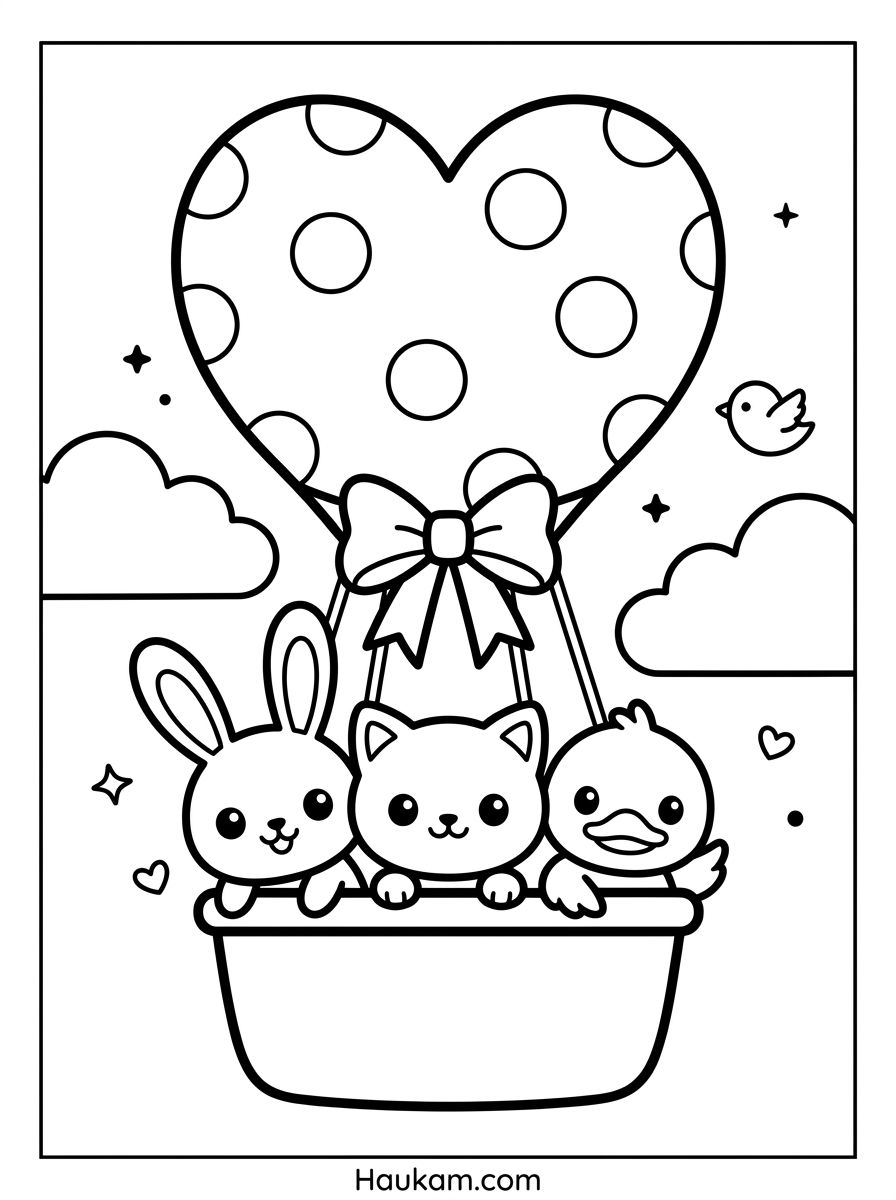Heißluftballon Ausmalbilder: 5 süße Motive für Kinder 3 Heißluftballon Ausmalbilder herzförmiger Heißluftballon mit Hase, Kätzchen und Entlein im Korb, einfache dicke Linien für Kinder